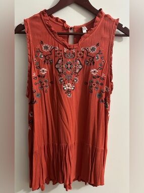 Xhilaration Rust Orange Embroidered Sleeveless Peasant Top